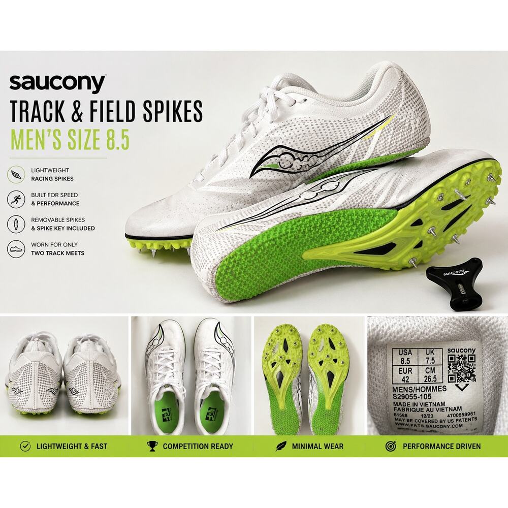 Saucony Track Field Spikes Men’s 8.5 White Green Racing Shoes w/ Key EUC
